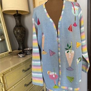 Vintage Quacker Factory Light Blue Knit Cocktail Cardigan Pastel Stripe Trim
